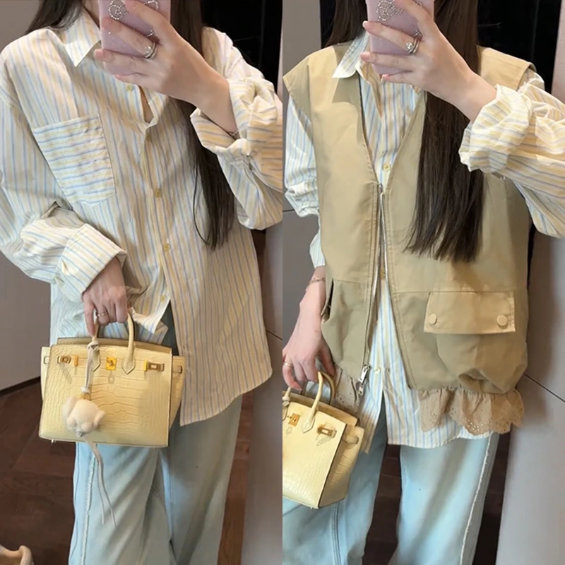 【mimius】P polo领刺绣条纹衬衫+无袖马甲外套 G02273