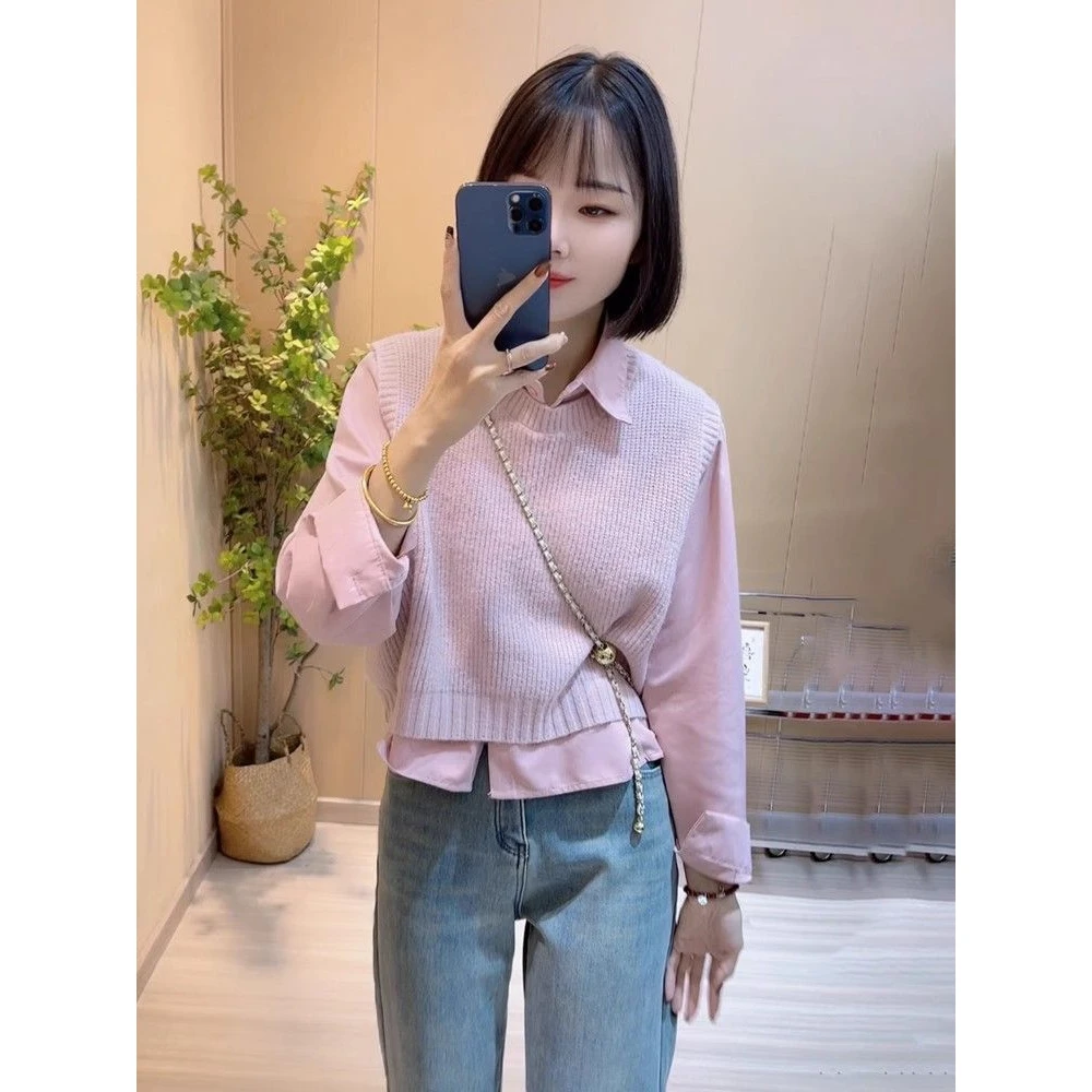 春秋搭配一整套轻熟温柔针织马甲叠穿长袖百搭衬衣两件套装