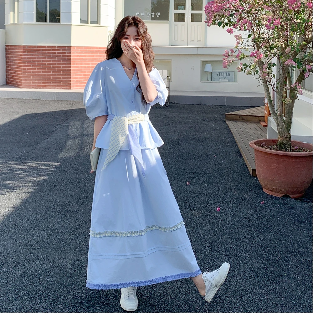 法式复古衬衫套装裙女2025夏季新款高级感收腰显瘦短袖中长款裙子