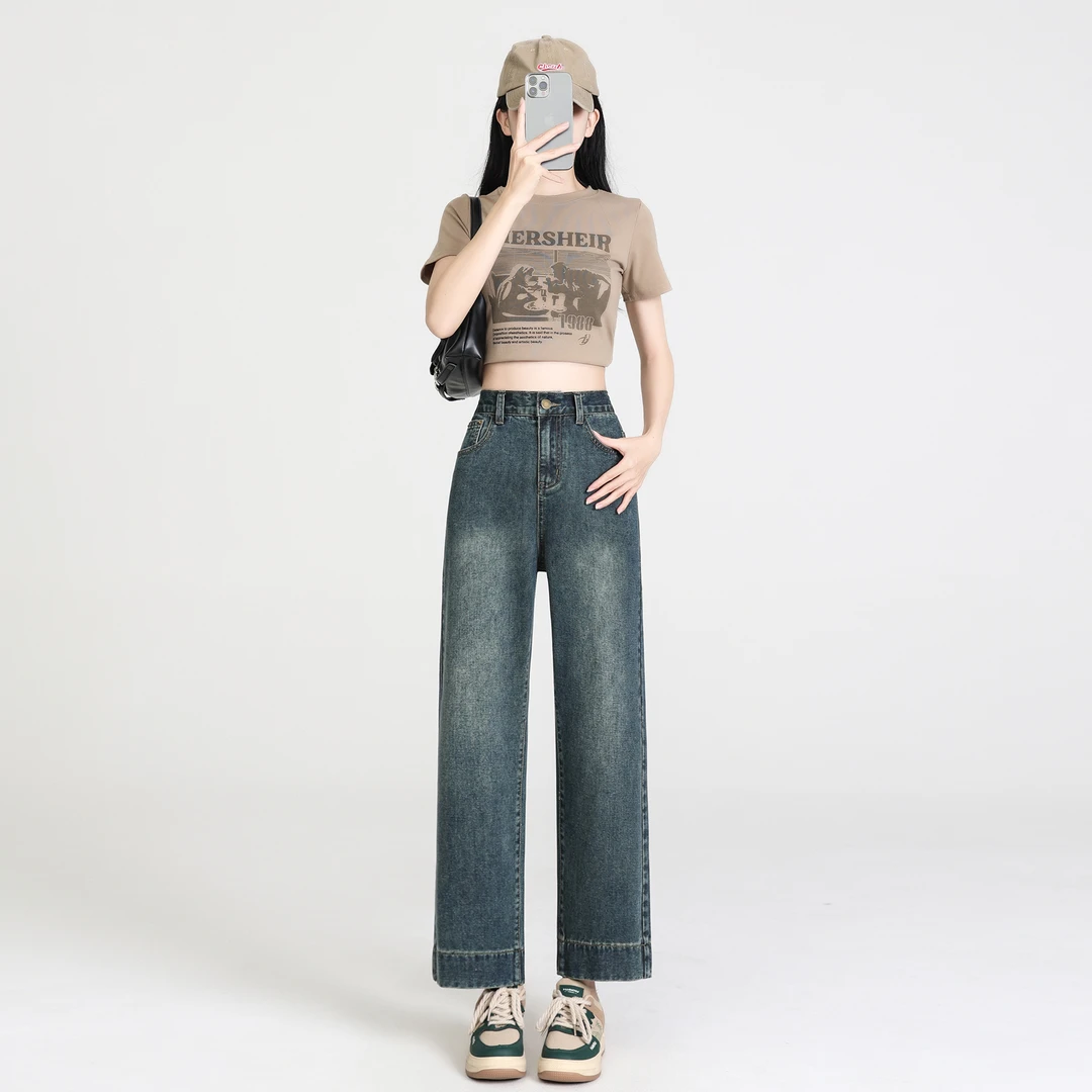 2025早秋新款松紧腰大码直筒牛仔裤女显瘦高腰九分阔腿裤X