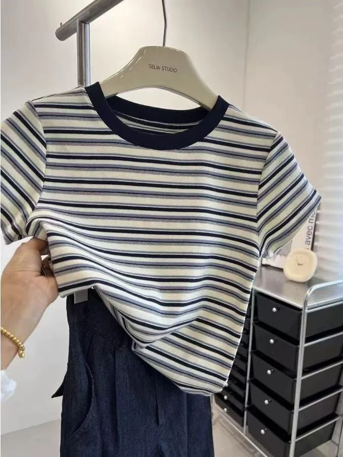 清仓福利款「美式-复古条纹」男女同款·纯棉短袖T恤学院风上衣25034
