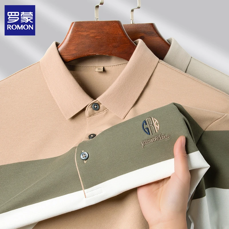 罗蒙高档上衣亲肤条纹Polo衫修身休闲男士无痕印花男短袖夏季潮流
