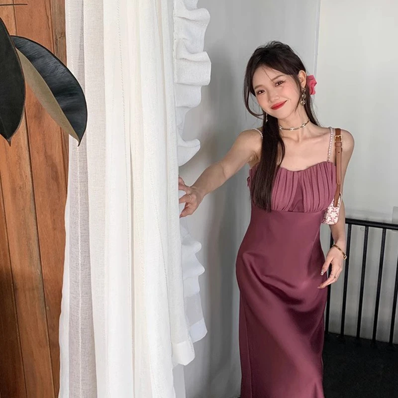 【珍珠氛围曲】时尚光泽感缎面吊带连衣裙女温柔ML221049