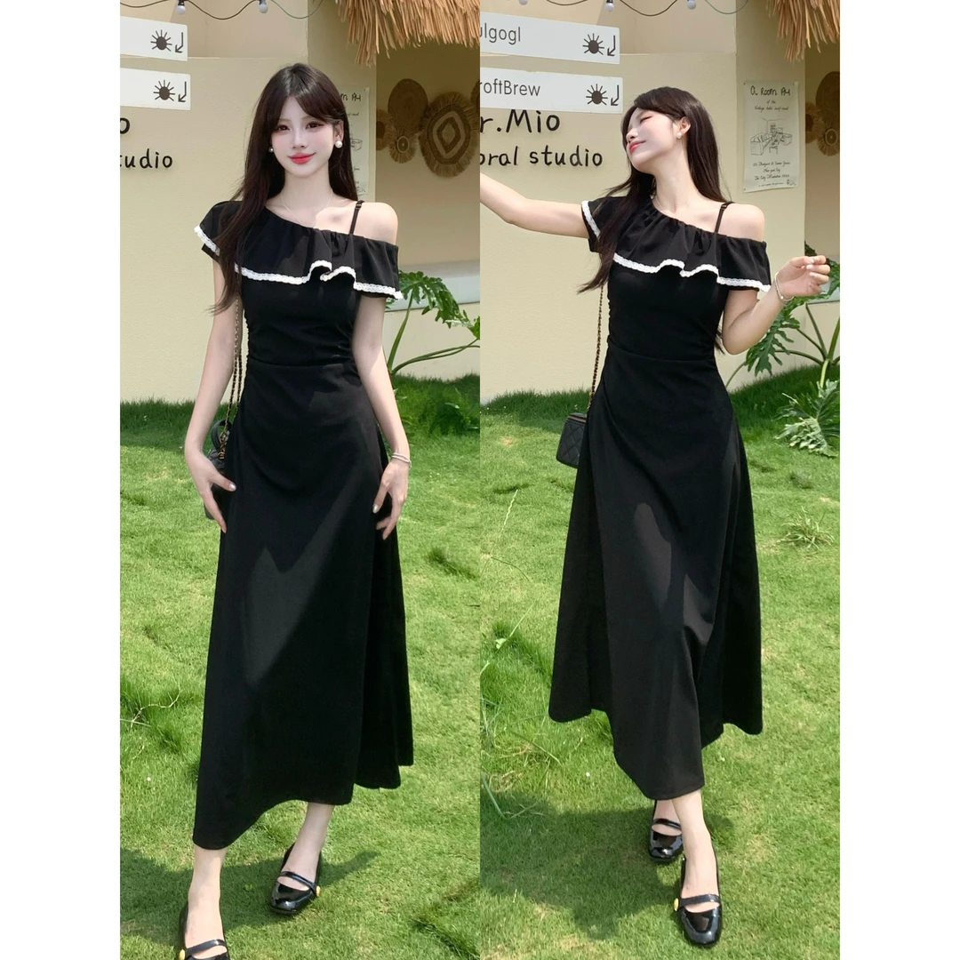 大码胖mm曼妙舞曲2025夏女装气质收腰显瘦时尚长款黑色连衣裙女