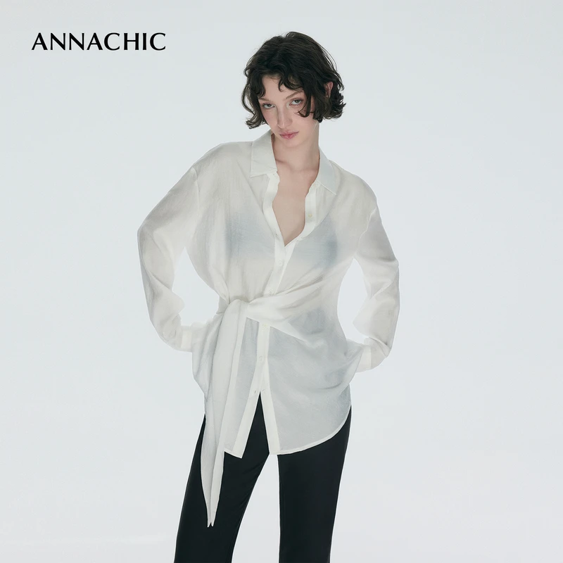 ANNACHIC设计感白色收腰绑带衬衣女夏季薄款防晒衬衫百搭显瘦上衣