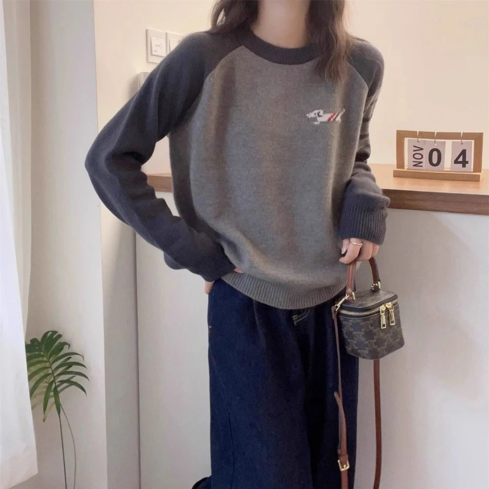 冬季时尚新款加厚宽松拼色小狗刺绣条纹长袖圆领休闲针织内搭毛衣