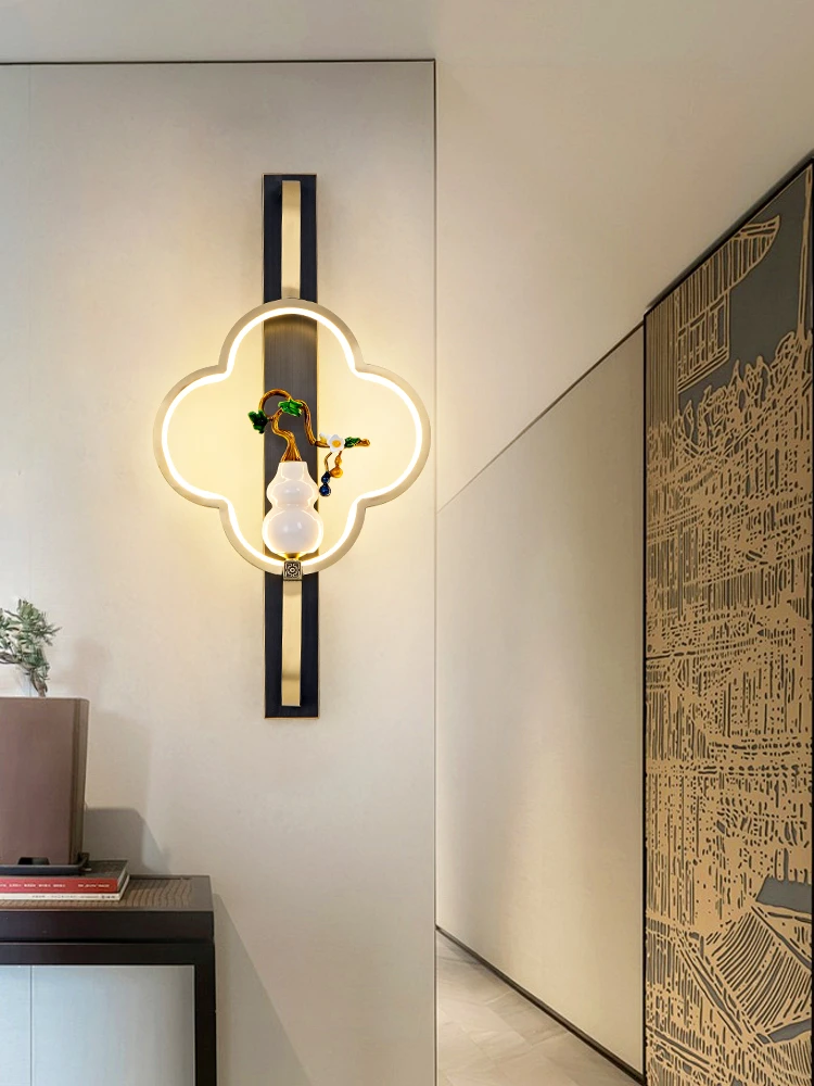 新中式铜本色黄铜拉丝壁灯客厅创意轻奢个性珐琅彩过道卧室床头灯