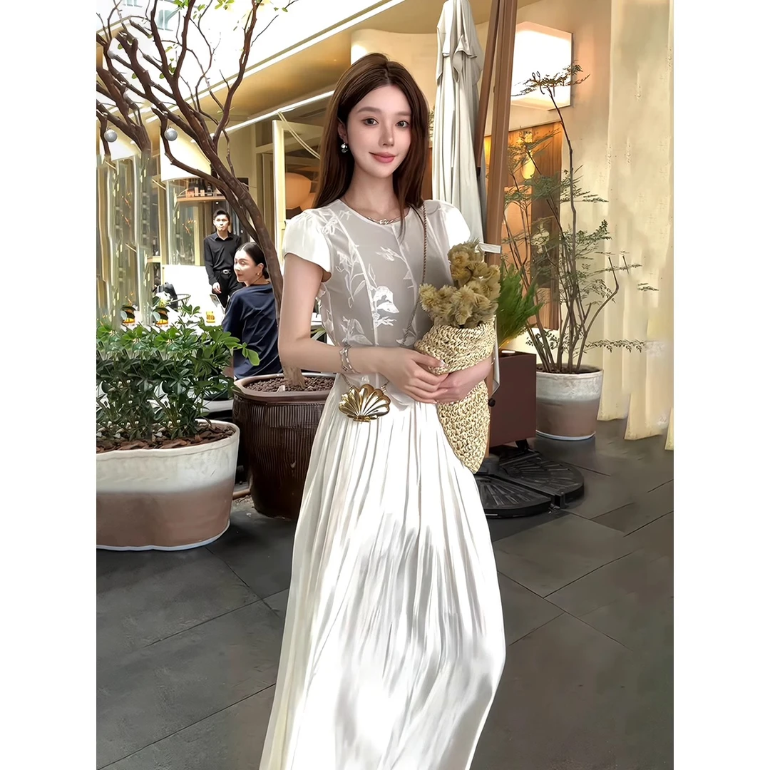 【夏季穿搭】高级感植绒网纱拼接收腰短袖连衣裙女法式气质A字长裙