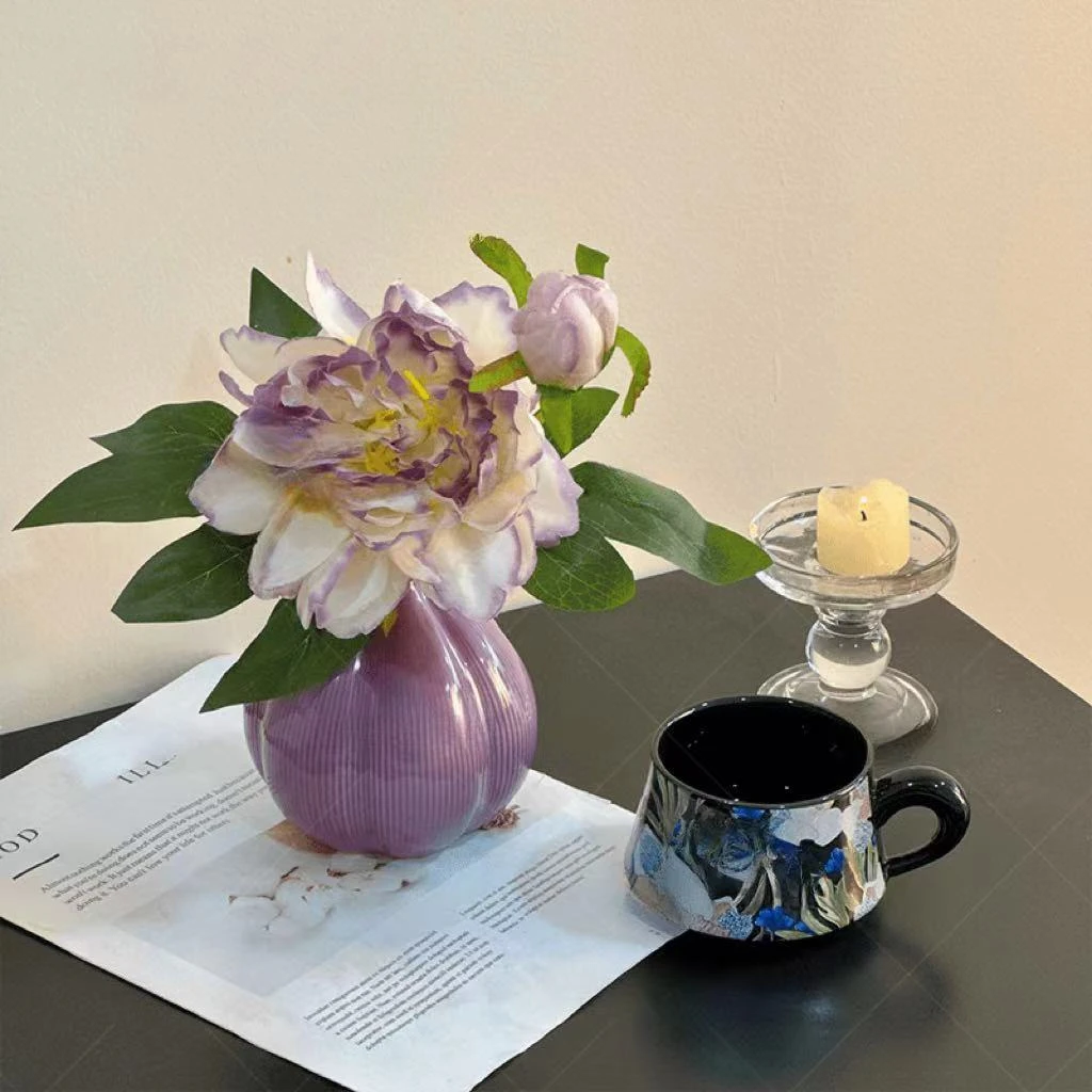 柚萝紫色牡丹花仿真花客厅餐桌装饰床头柜高级感陶瓷摆件家居摆件