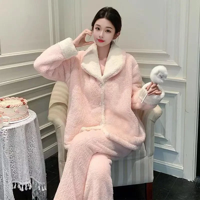 睡衣女士秋冬季冬天冬款珊瑚绒加厚加绒保暖气质家居服加厚套装