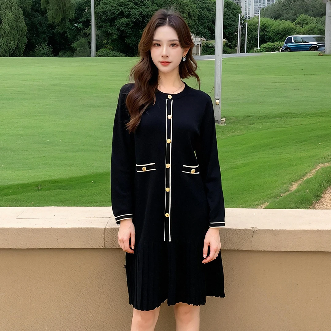 奢姿大码女装2025冬季减龄纽扣装饰针织连衣裙胖妹妹圆领百褶裙子