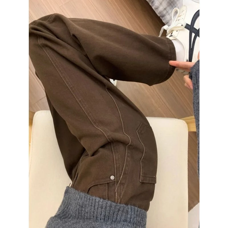 美式复古棕色弯刀牛仔裤女2025秋季新款梨型身材巨显拖地瘦阔腿裤