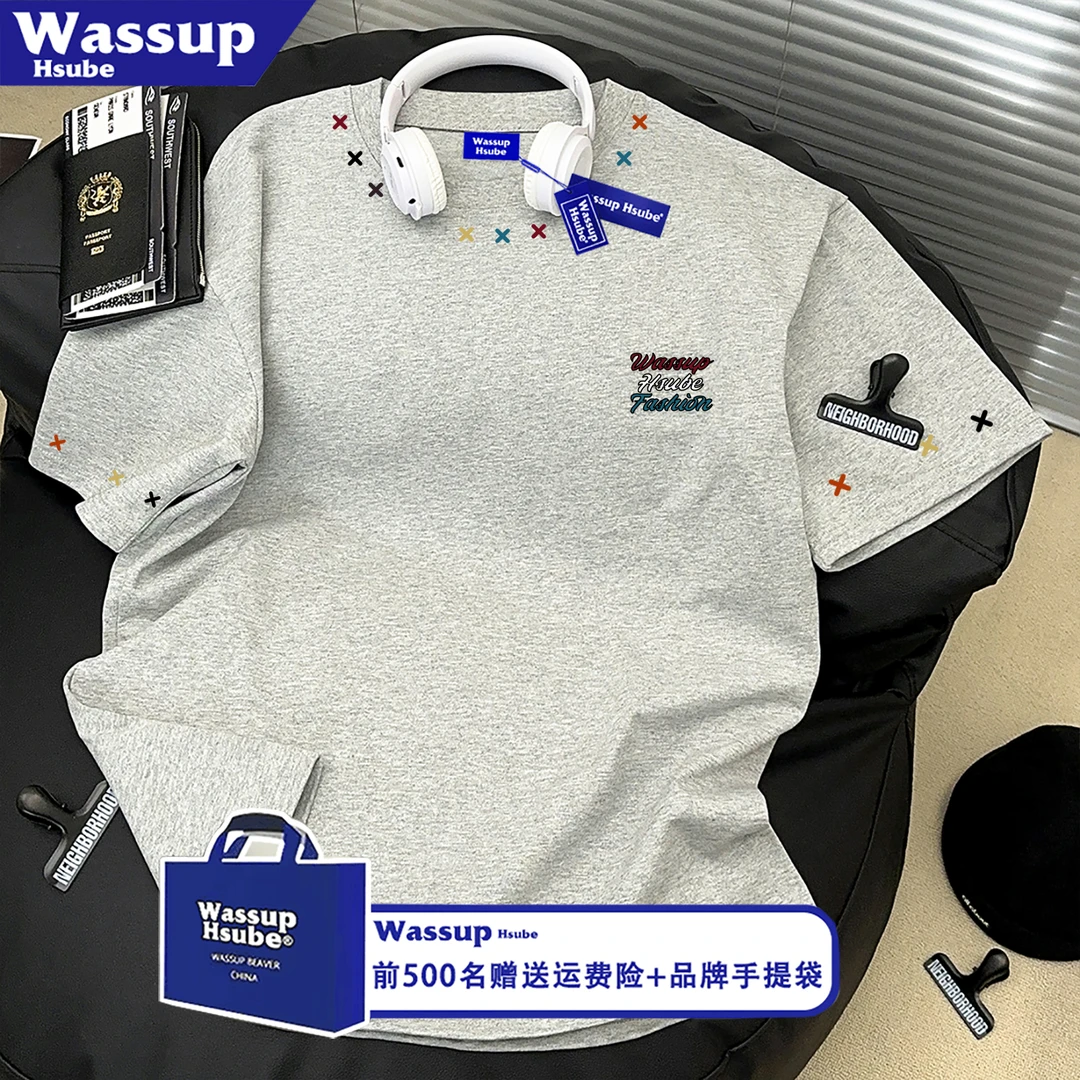WASSUP HSUBE高级感字母印花灰色纯棉短袖T恤男女ins韩版圆领上衣