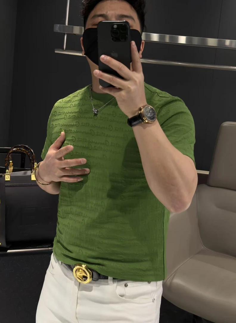 【马哥严选】轻奢提花修身打底衫圆领针织高品质百搭短袖男士春夏