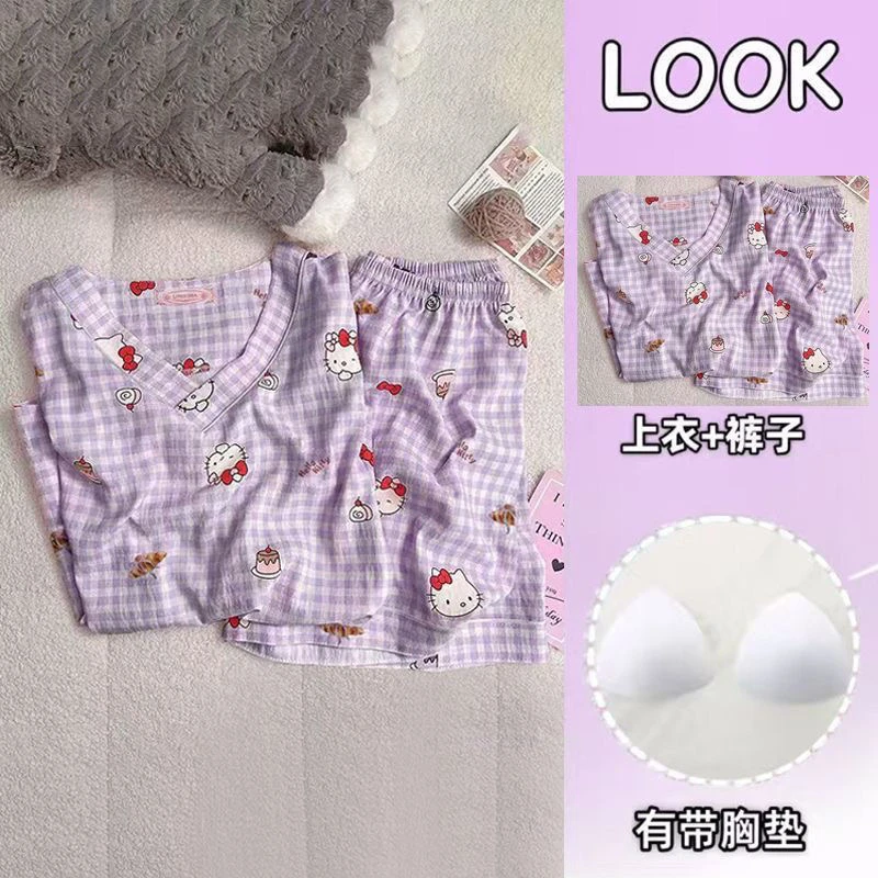 卡通带胸垫睡衣女夏云朵棉短袖短裤少女V领夏天可外穿家居服套装