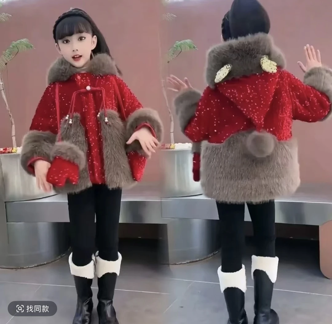 【拜年服外套送手套】女童毛毛外套2026冬装新款女宝宝加绒加厚洋气