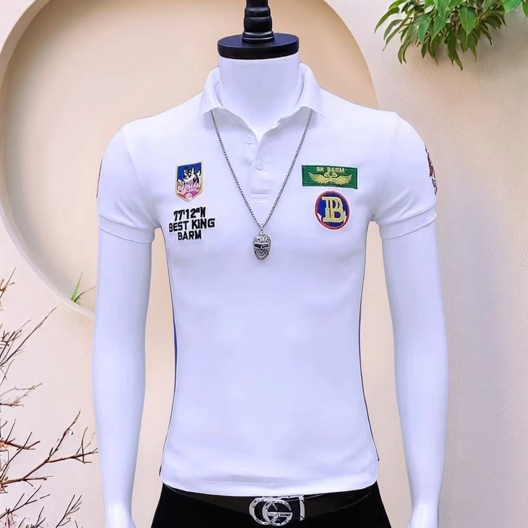 新款潮流夏季男生刺绣修身韩版青春时尚流行帅气男士翻领短袖白色