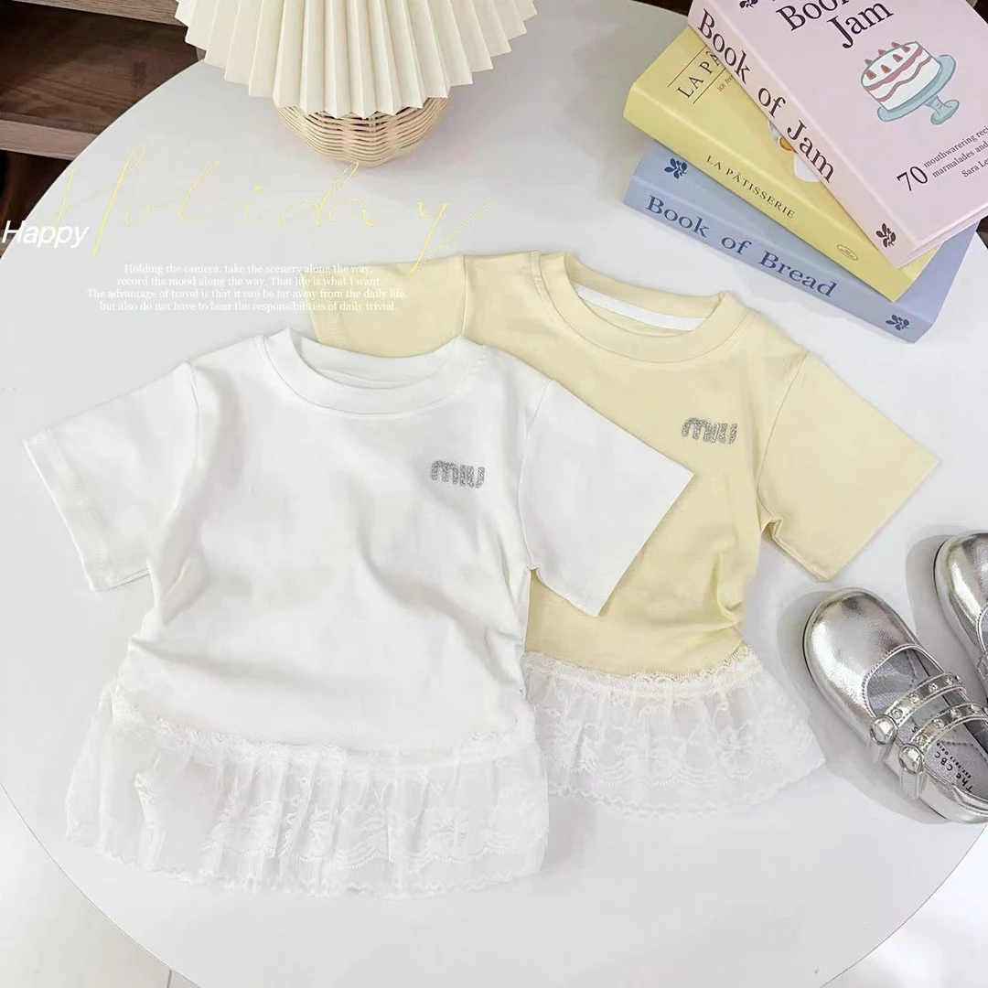 【欧若风穿搭】汤圆家童装2025夏季亮钻蕾丝拼接捏褶T恤 YA-1462