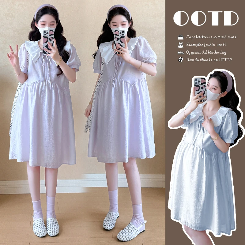 孕妇装夏季甜美娃娃领百搭连衣裙2025新款小个子时尚宽松孕妇裙子