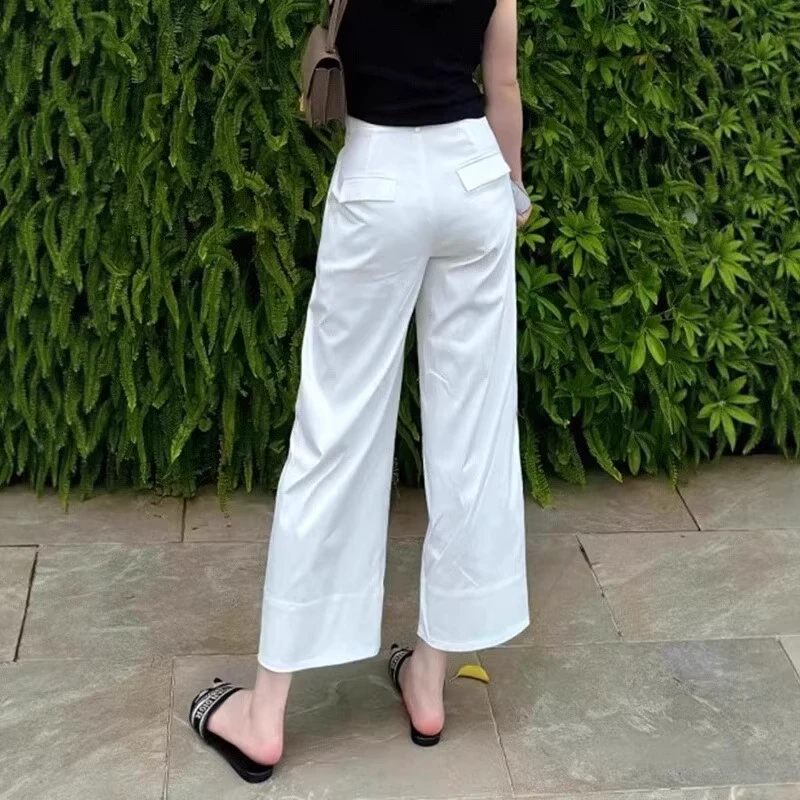 白色九分直筒西装裤女早秋薄款大码胖mm显瘦高腰小个子窄版阔腿裤