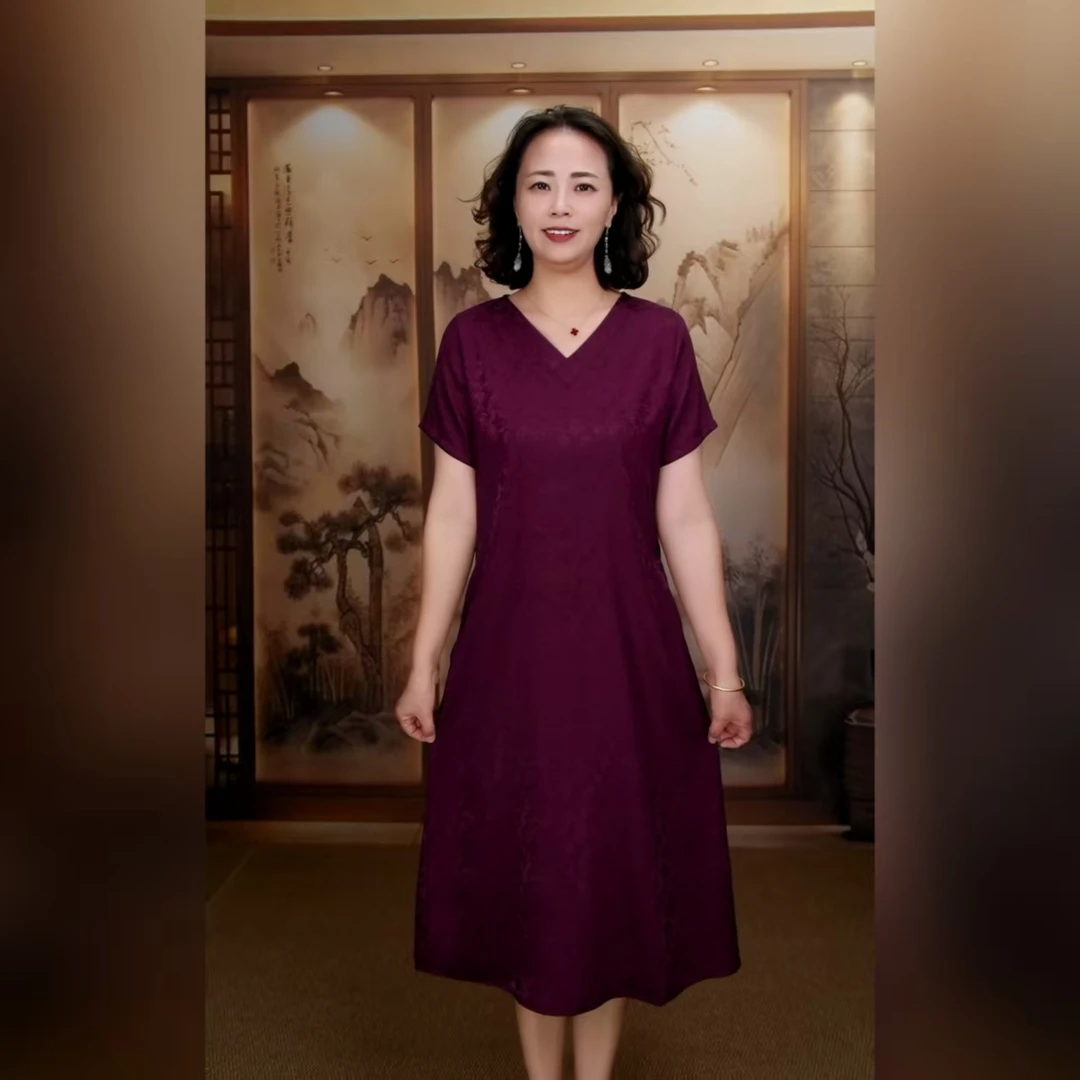 [紫罗兰]显瘦气质宽松连衣裙妈妈装高贵时尚