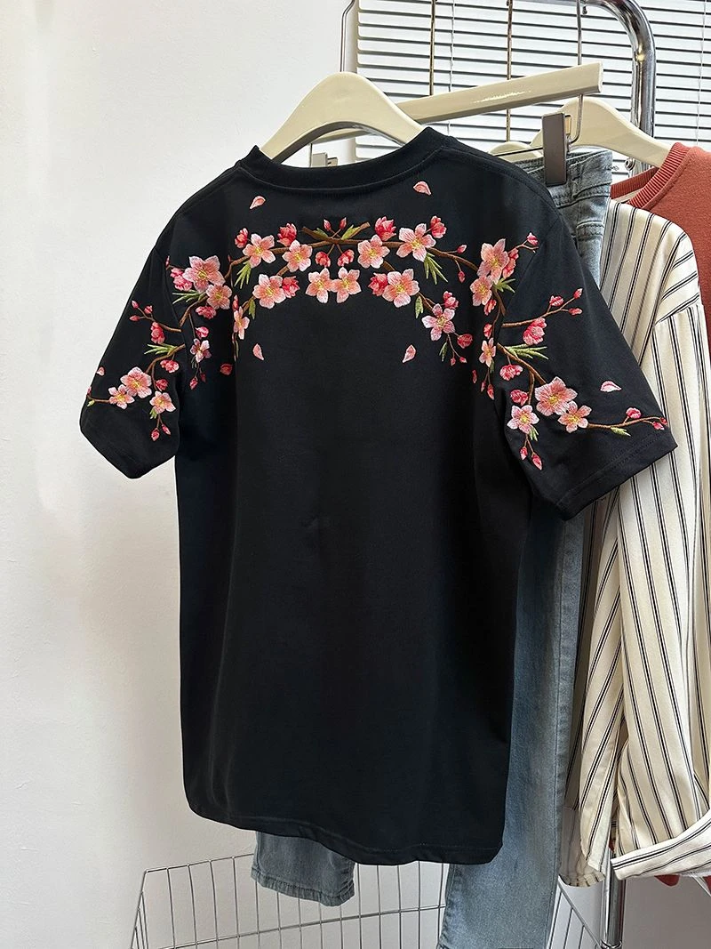 国风梅花刺绣短袖T恤男女2025夏季新款新中式大码宽松情侣上衣潮