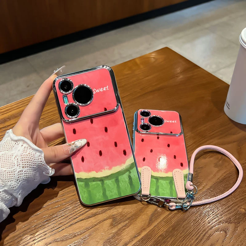 夏日西瓜适用华为Pura70手机壳全包pura70pro电镀大视窗挂绳女款