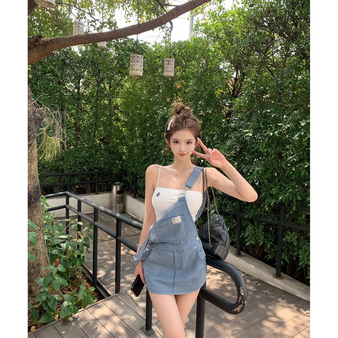 【辣妹日记】甜美辣妹修身无袖刺绣背心吊带上衣女条纹背带短裙裙裤