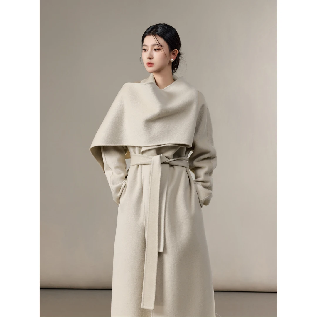ZHISU｜设计感自带围巾款中长款羊绒羊毛大衣