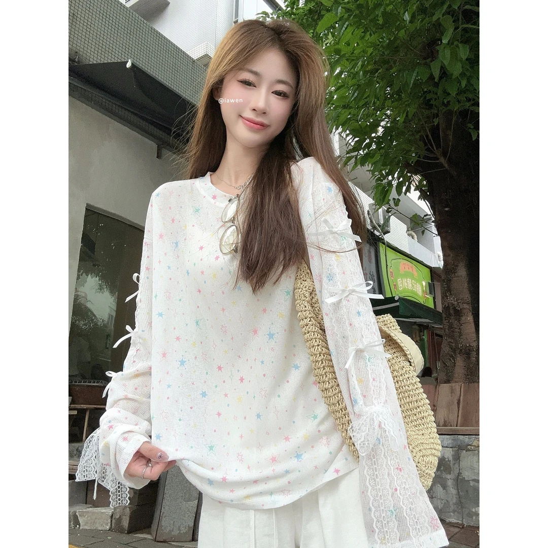 2025年圆圆薄款印花长袖防晒T恤女设计感蕾丝拼接上衣夏季