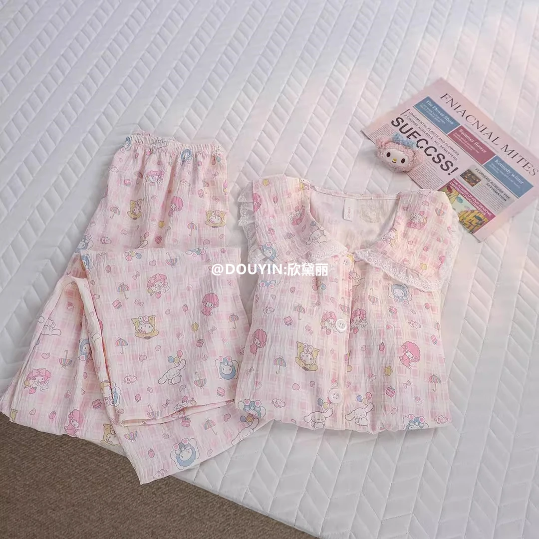 韩系软萌带胸垫睡衣女夏季短袖长裤云朵棉甜美可爱花边少女家居服