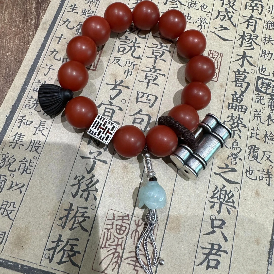 925银手链 <大头姐>S10015 镂空喜字方块大锁莲蓬红珠手链