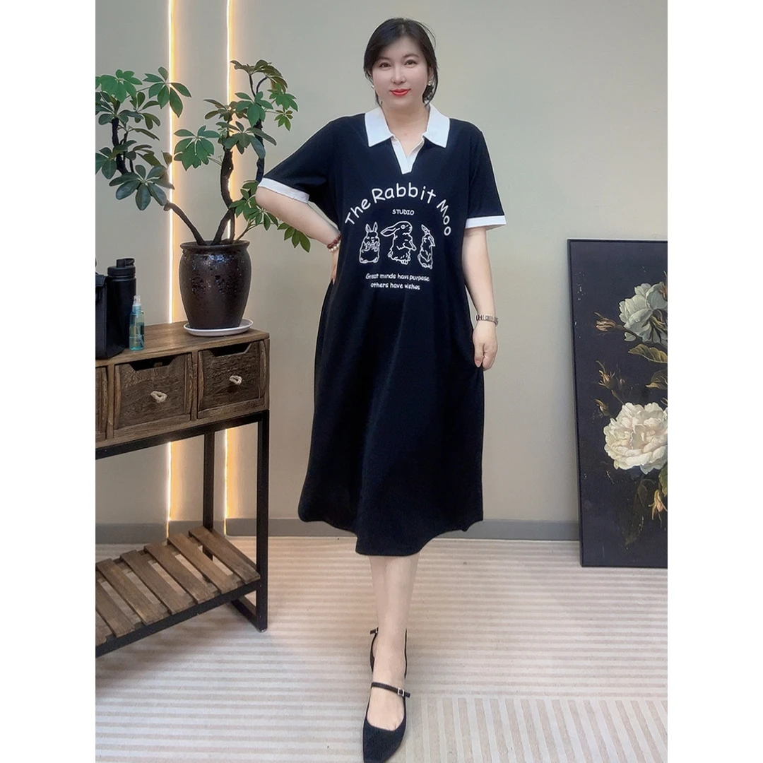 【胡小肥】12显瘦大码连衣裙2909气质时尚遮肉微胖夏季新款黑色印花