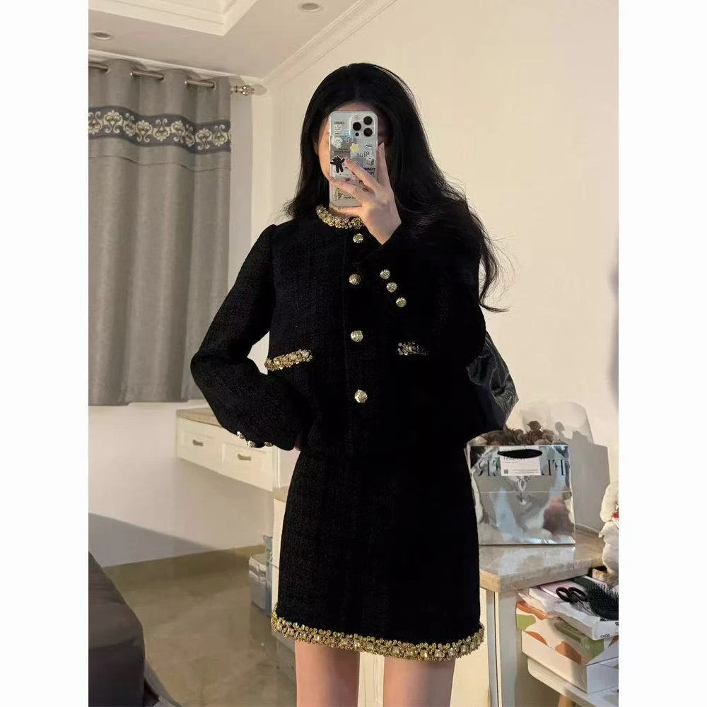 小香风裙套装2024秋新款重工钉珠高级感短外套半裙气质名媛两件套