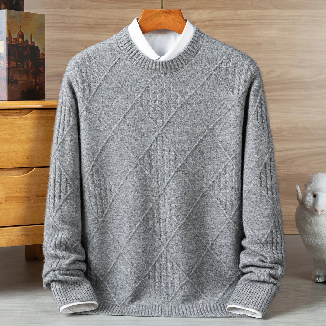 100%山羊绒衫男圆领加厚舒适针织保暖青年秋冬季高档保暖休闲毛衣