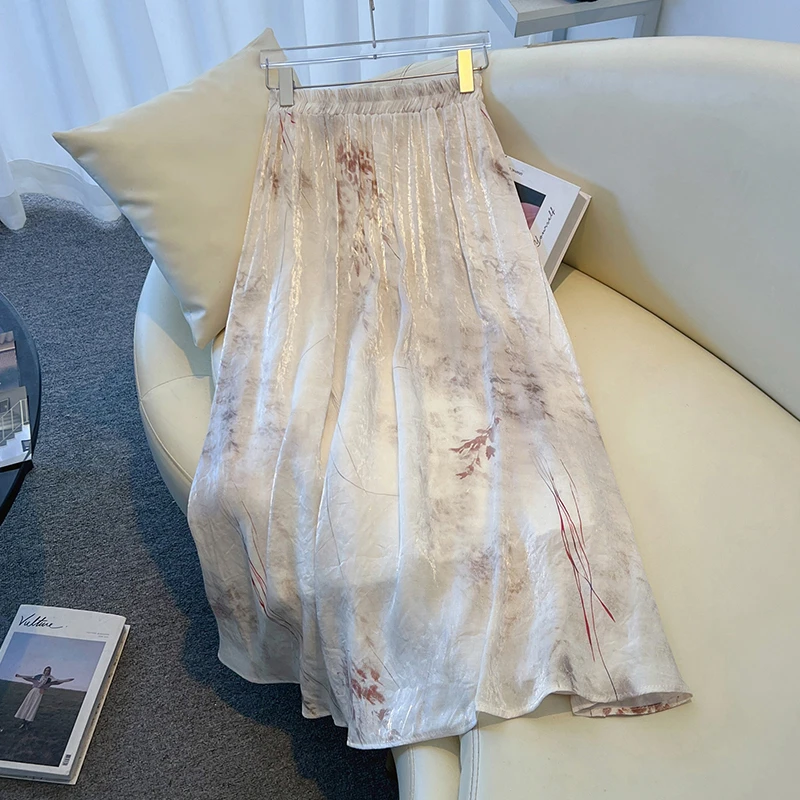 现货2025新款大码新中式国风复古百搭流光溢彩缎面半身长裙