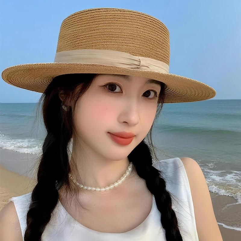 拍照出片平顶草帽草编帽子女夏季礼帽大帽檐防晒遮阳帽海边沙滩帽