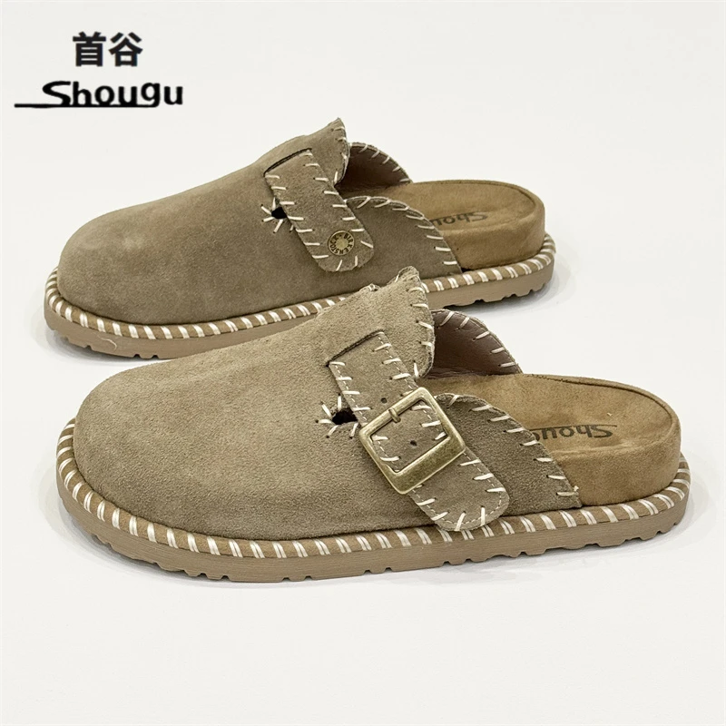 shougu/首谷包头半拖勃肯鞋女2025新款春秋复古皮带扣百搭勃肯鞋