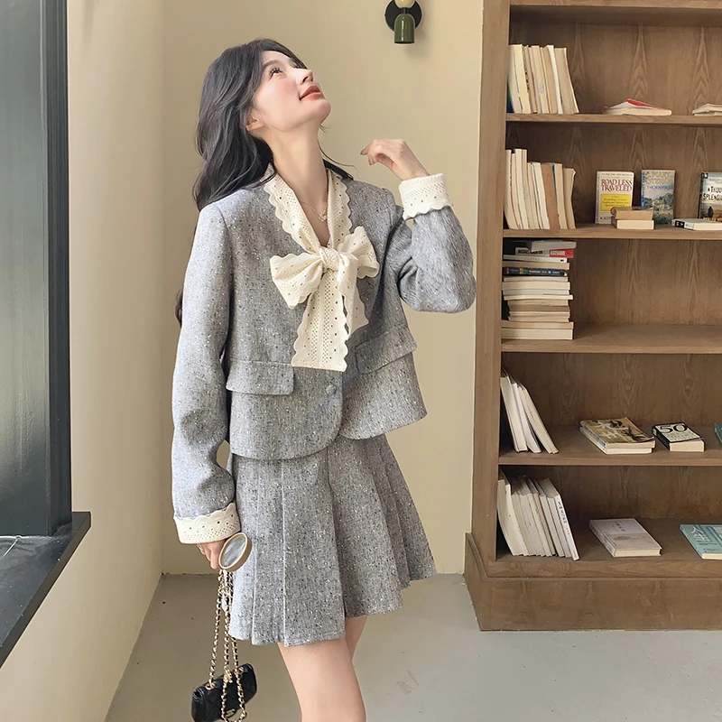 小香风蝴蝶结西装套装裙女春秋2025新款两件套高级感ootd穿搭减龄