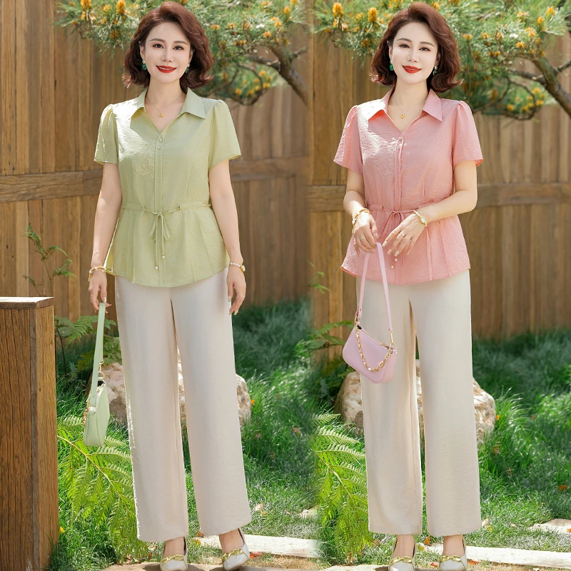 夏季洋气妈妈装减龄短袖小衫中老年女装显瘦气质时尚休闲两件套女