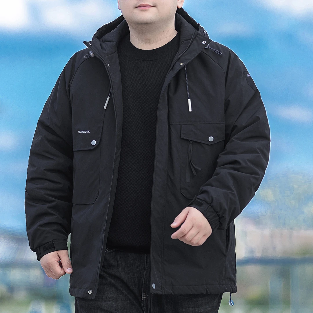 男士棉服加肥加大码冬季潮流连帽工装保暖外套胖子宽松休闲男棉衣