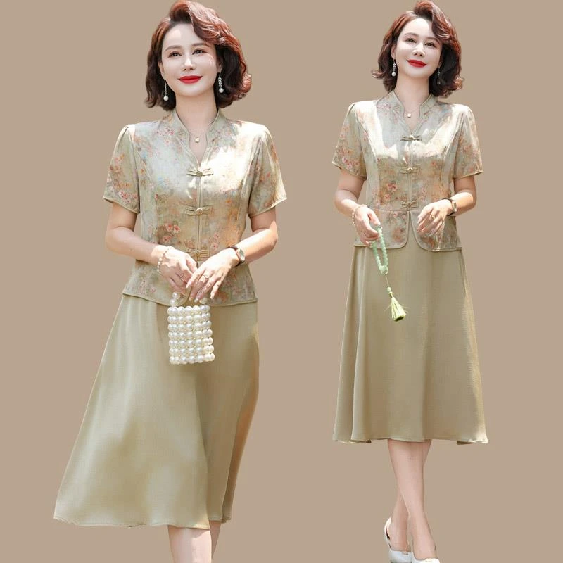 妈妈装气质妈妈夏装国风连衣裙中年洋气假两件中老年女新款中式裙