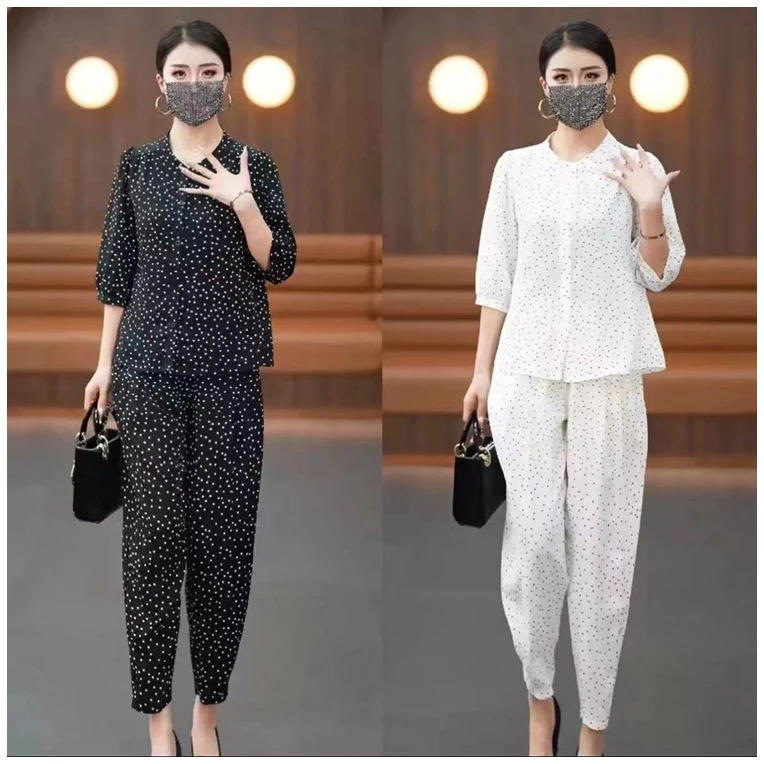 时尚套装女秋季新款洋气质宽松显瘦遮肉波点衬衫九分哈伦裤两件套