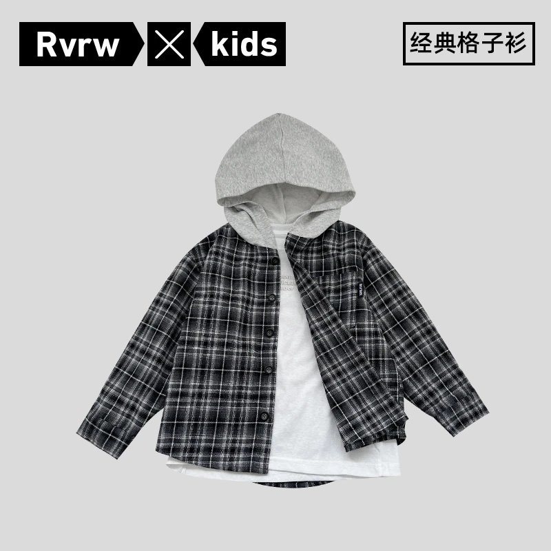 【格格乌】假两件衬衫经典格子秋季童装儿童长袖连帽外套 CY-HM409