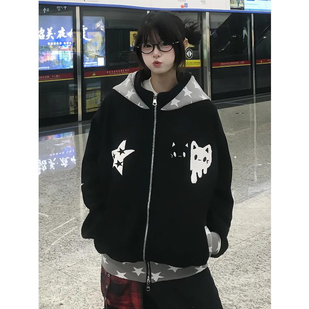 复古美式星星猫咪印花设计感连帽卫衣外套女秋季宽松开衫显瘦上衣