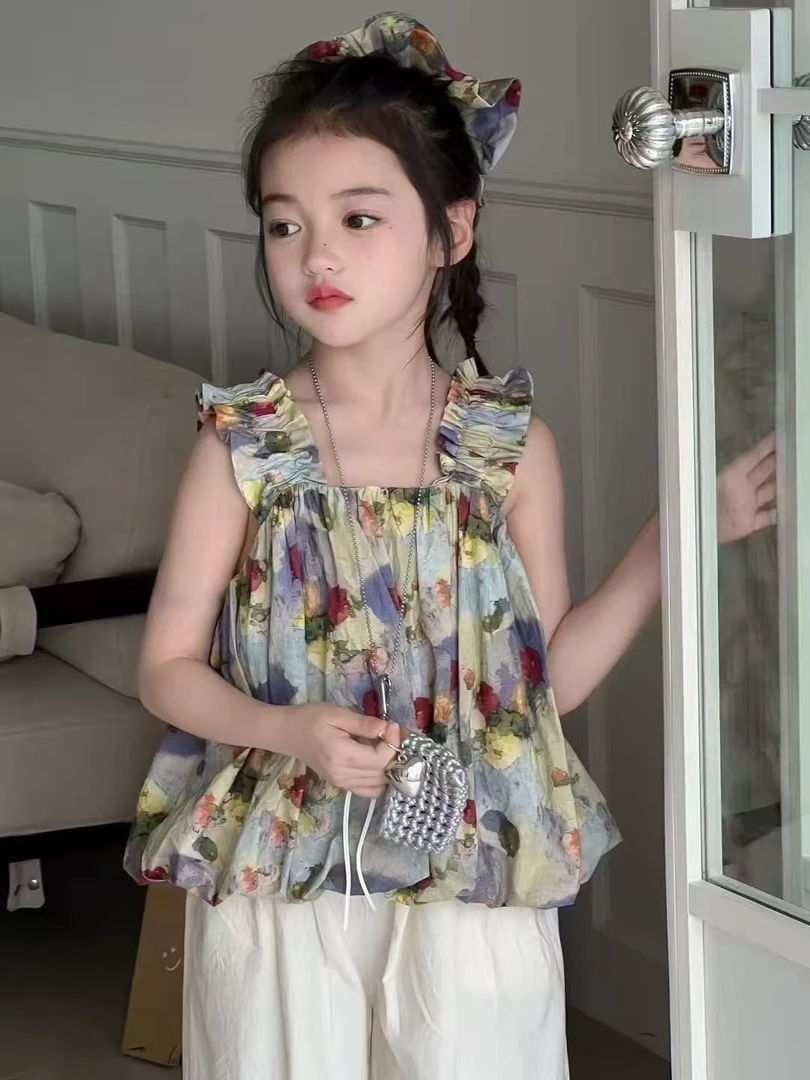 时尚女童童装百搭碎花休闲风少女风无袖复古套装夏季