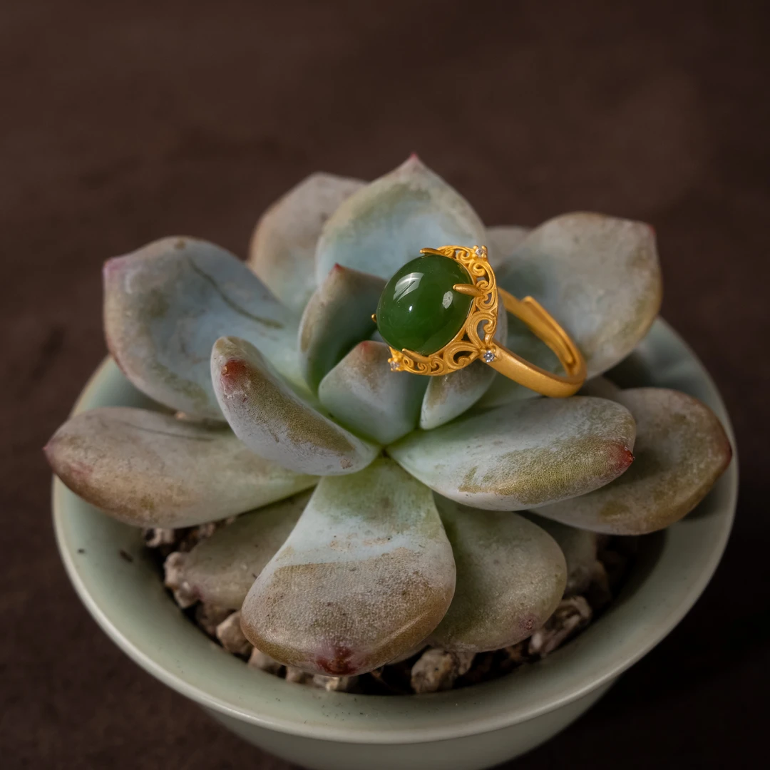 金枝碧|天然和田玉碧玉复古s925银镶戒指