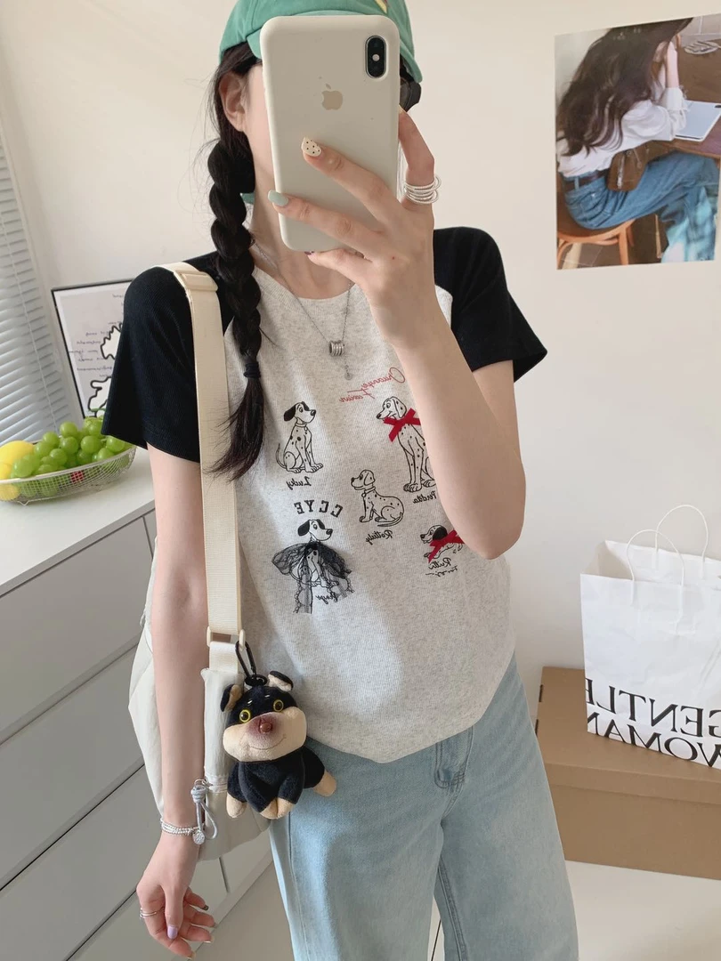 夏季上新【插肩袖】针织设计感花边ins短袖T恤短款蝴蝶白色可拆卸