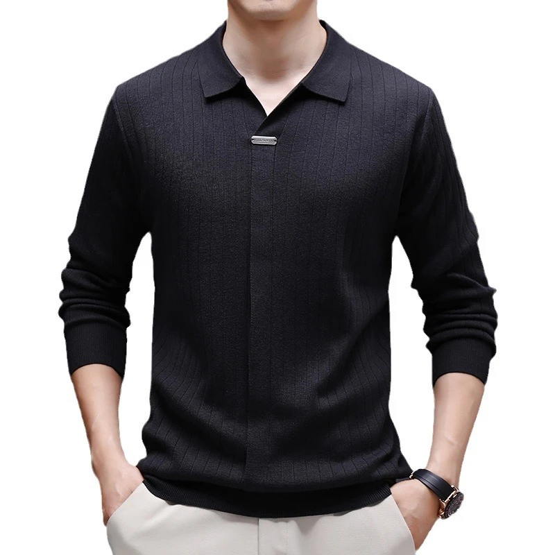 轻奢风长袖T恤男士设计感春秋季新款无痕剪刀领纯色简约休闲打底