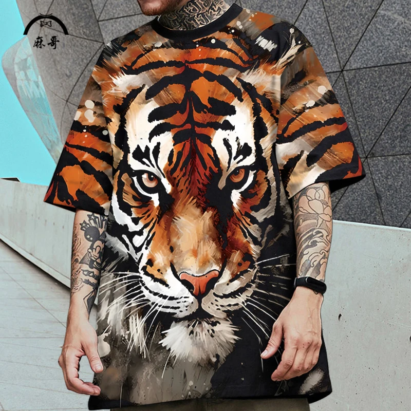 2025新款短袖T恤男设计感小众ins国潮老虎头印花宽松半袖落肩体恤